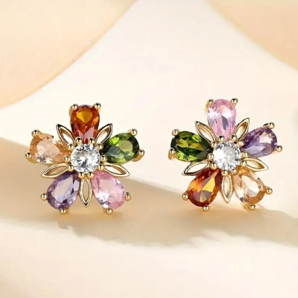 NIP Rhinestone Daisy Flower Stud Earrings Multi-Colored - Picture 5 of 6